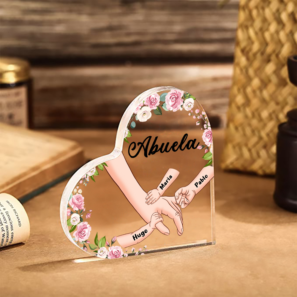 A mi mamá/abuela-Placa de acrílico en forma de corazón mano a mano con 1 texto y 3 nombres personalizados | Jessemade