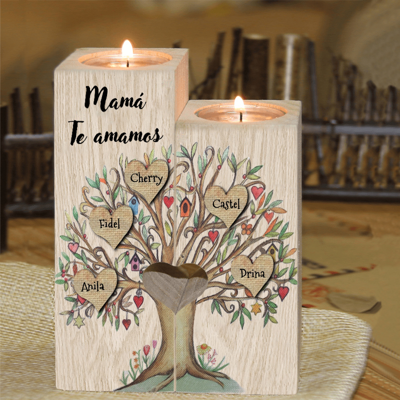 A la familia-Candelero de árbol de la vida de madera personalizado con 3-8 nombres y 1 texto sin vela-Jessemade ES