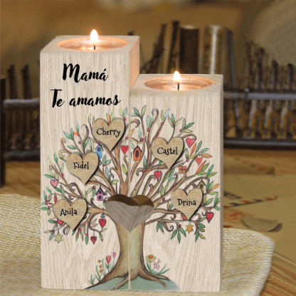 A la familia-Candelero de árbol de la vida de madera personalizado con 3-8 nombres y 1 texto sin vela-Jessemade ES