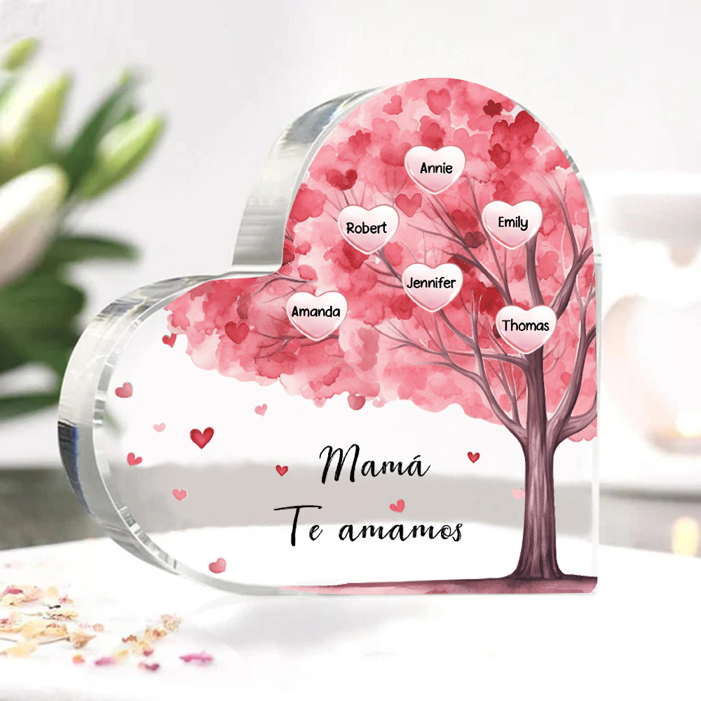 A mi mamá/abuela-Placa de acrílico "Árbol" en forma de corazón 6 nombres y 1 texto personalizados-Jessemade ES