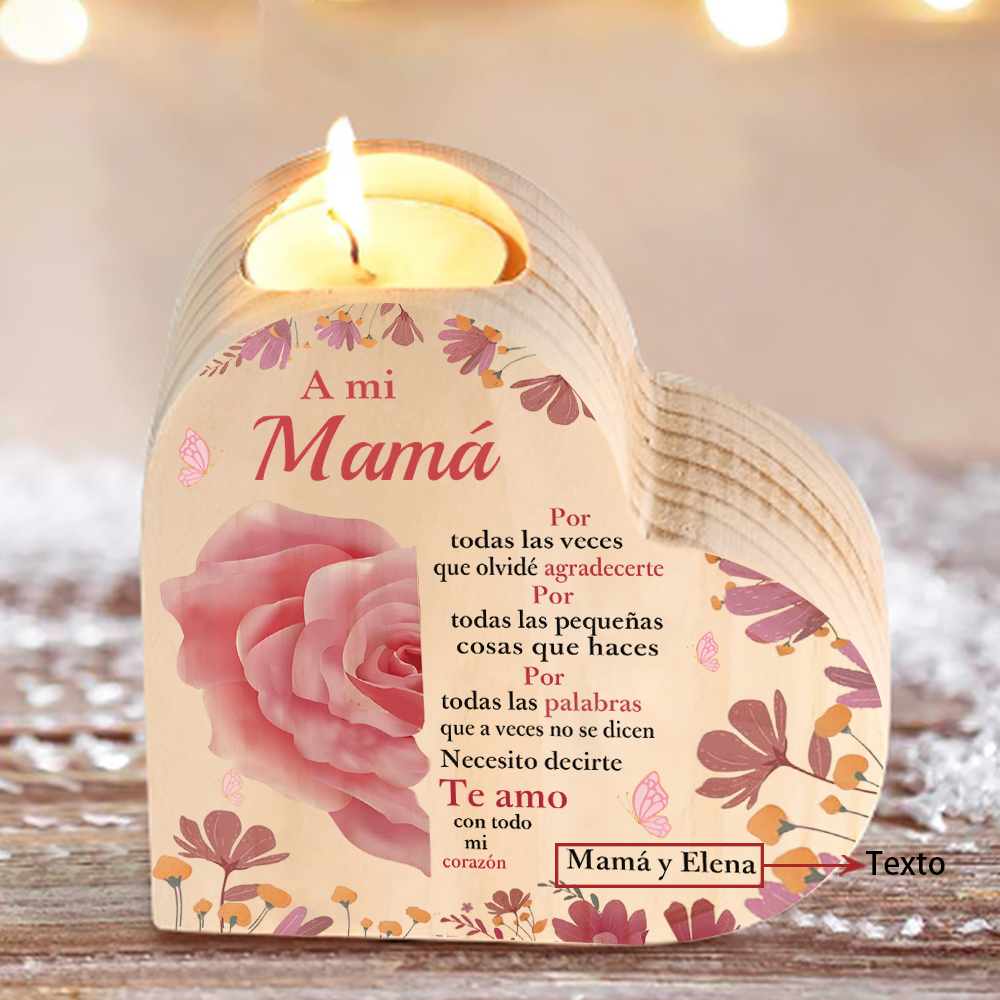 A mi mamá-Candelero con nombres personalizados en forma de corazón de madera sin candela-Jessemade ES