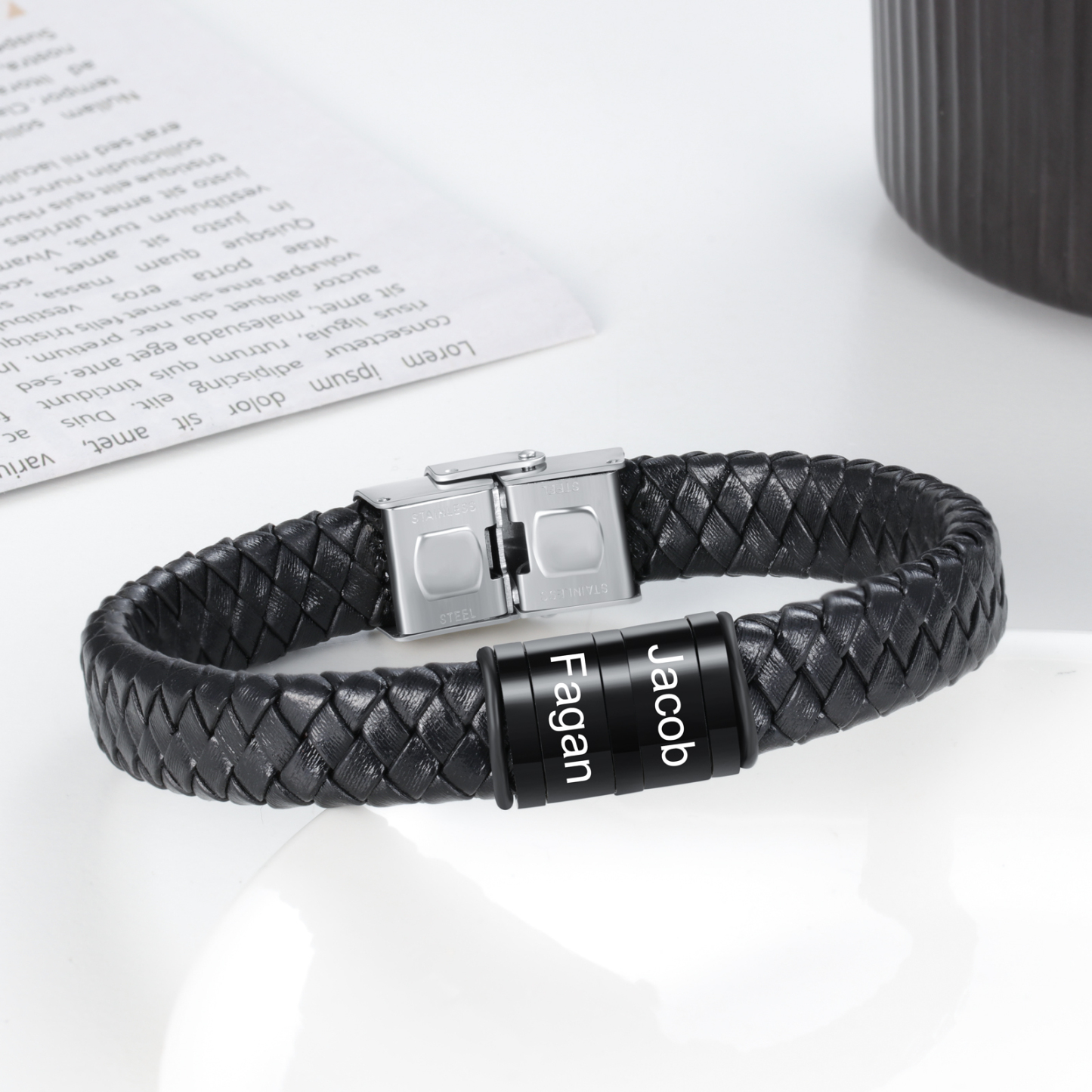 A MI PAPÁ-Pulsera de cuero trenzado de hombre con 2 perlas personalizadas con 2 nombres-Jessemade ES