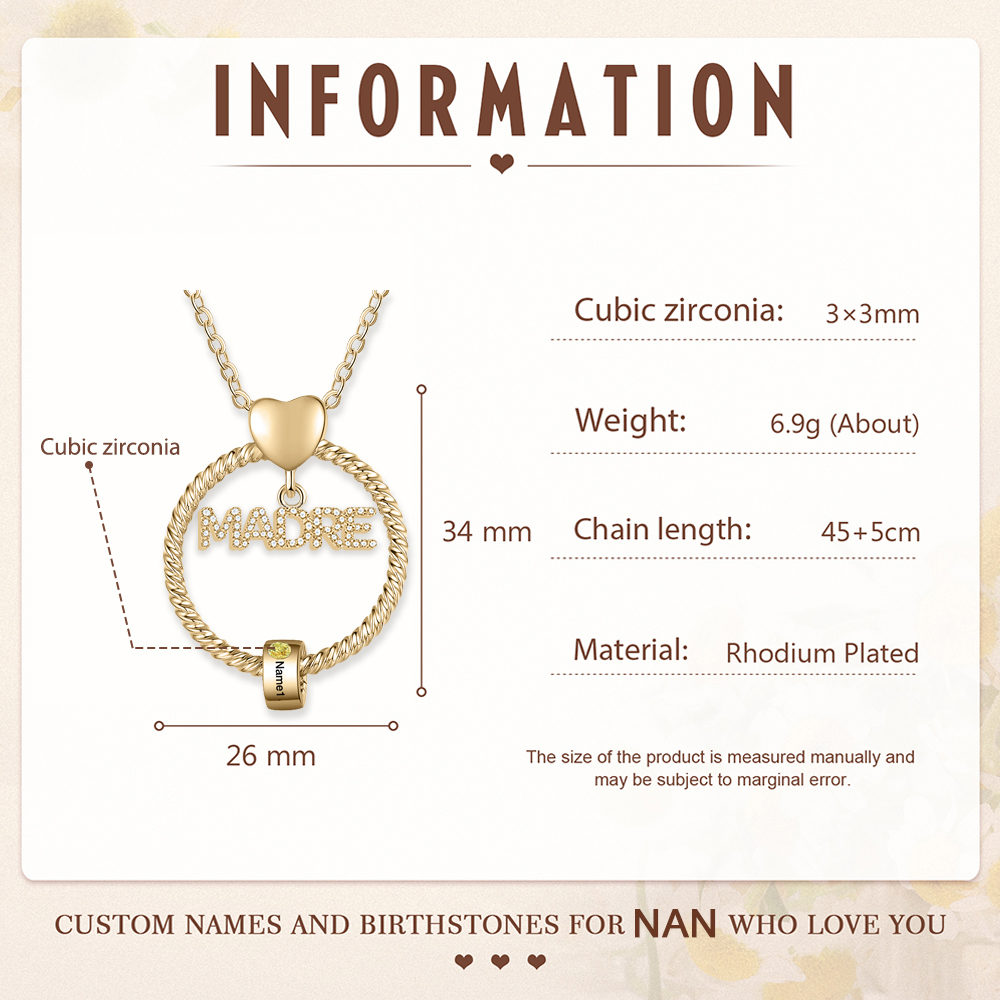 Collar con colgante de "MADRE" con 1 nombre y 1 piedra de nacimiento personalizados | Jessemade-Jessemade ES