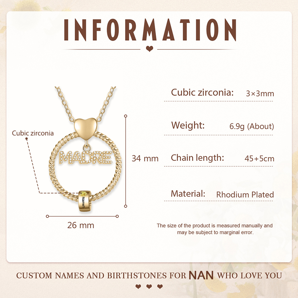 Collar con colgante de "MADRE" con 1 nombre y 1 piedra de nacimiento personalizados | Jessemade-Jessemade ES