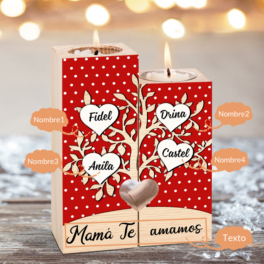 A la familia-Candelero de árbol de la vida de madera personalizado con 3-8 nombres y 1 texto sin vela-Jessemade ES
