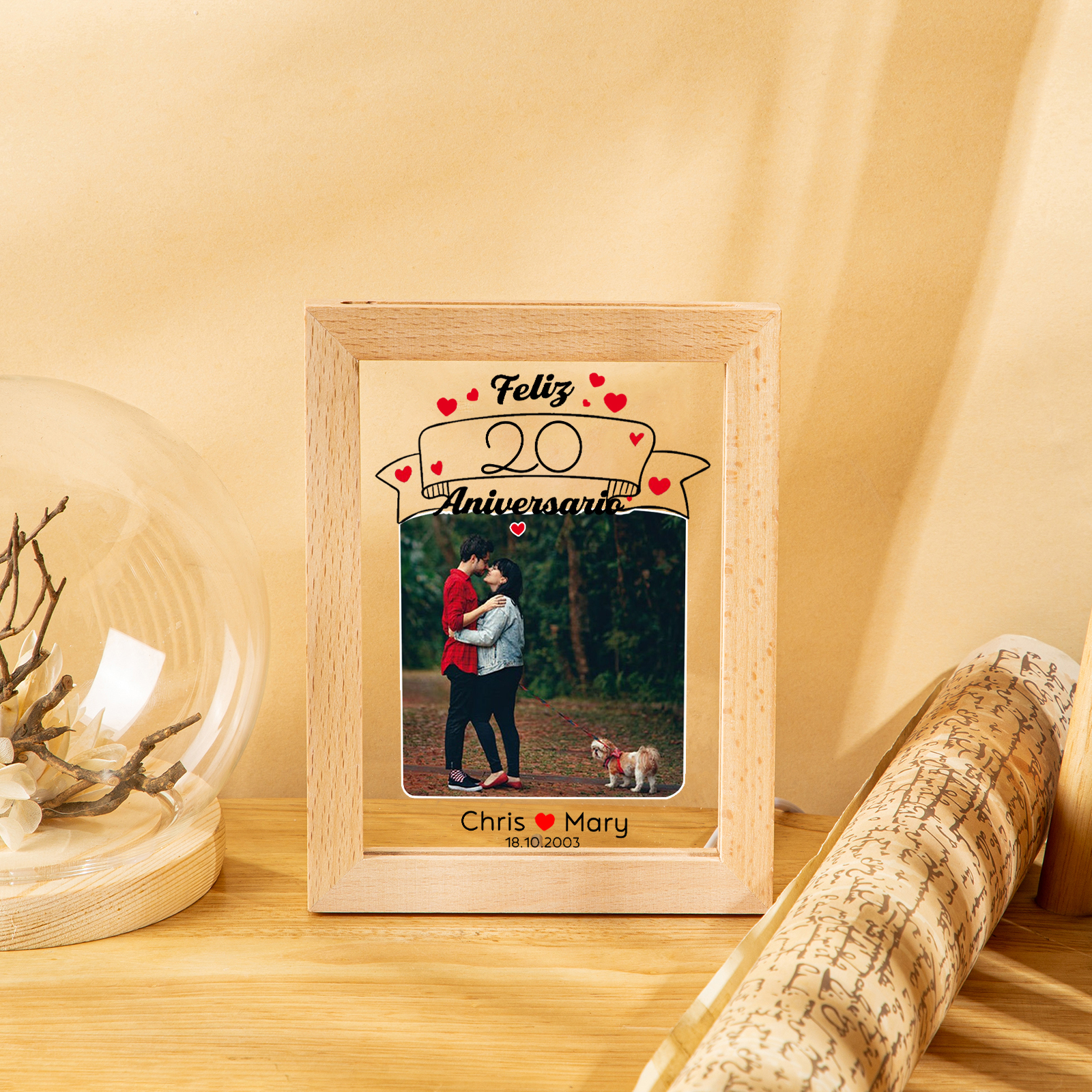 Marco con lámpara aniversario de 1 foto de madera para pareja 2 nombres, fecha y número personalizados-Jessemade ES