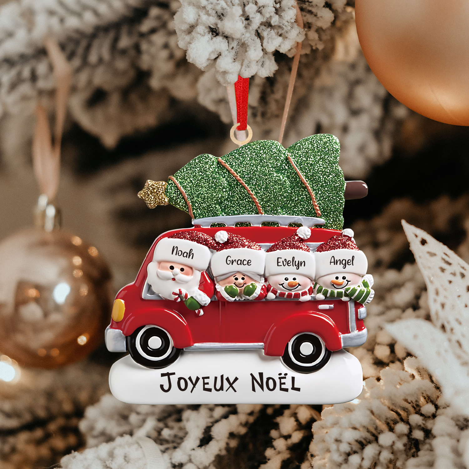 Navidad-Ornamento muñecos navideño de madera Papá Noel y niños texto y 4 nombres personalizados adorno del árbol-Jessemade ES