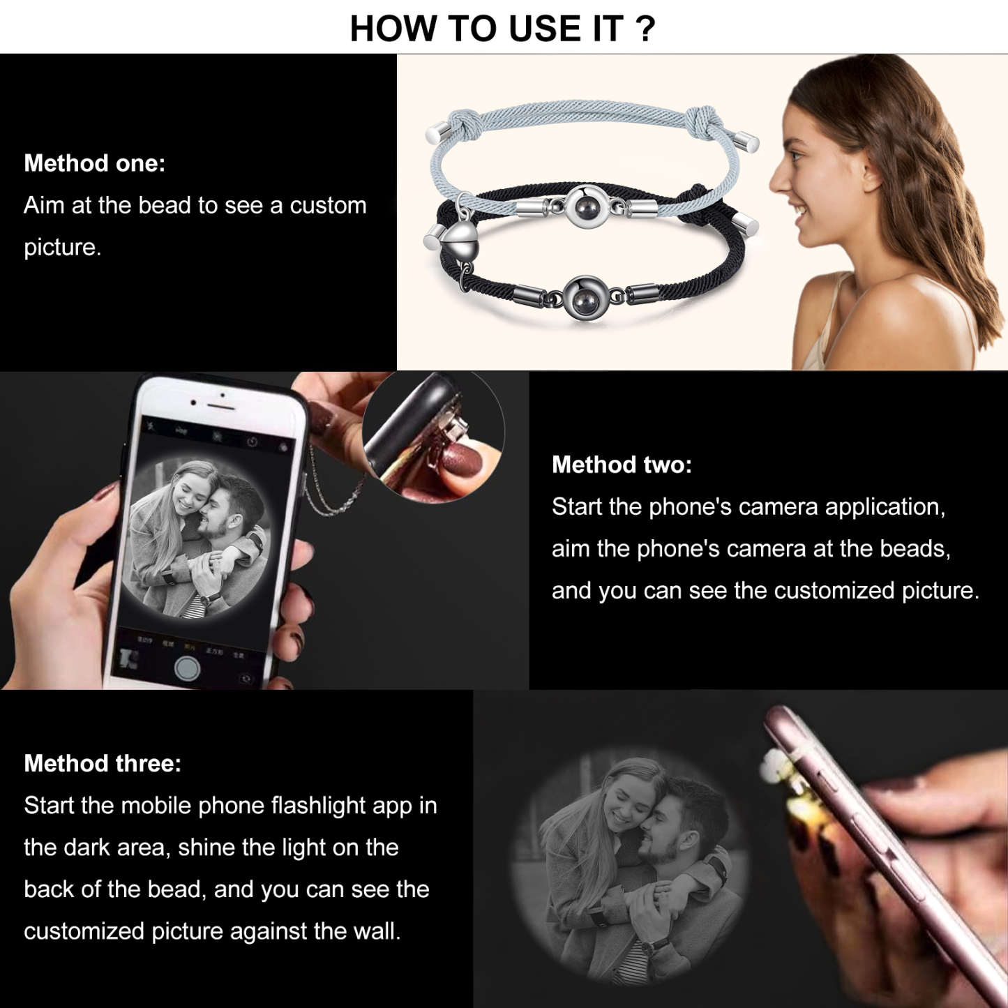 Pulsera para pareja con proyección de foto con dije de corazón magnético-Jessemade ES