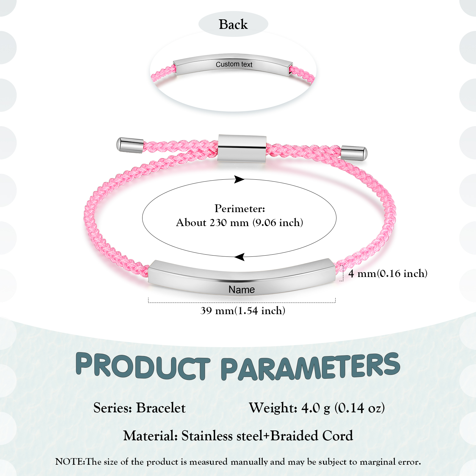 Pulsera de cuerda tejida a mano con nombre y texto personalizados seis colores placa plateada