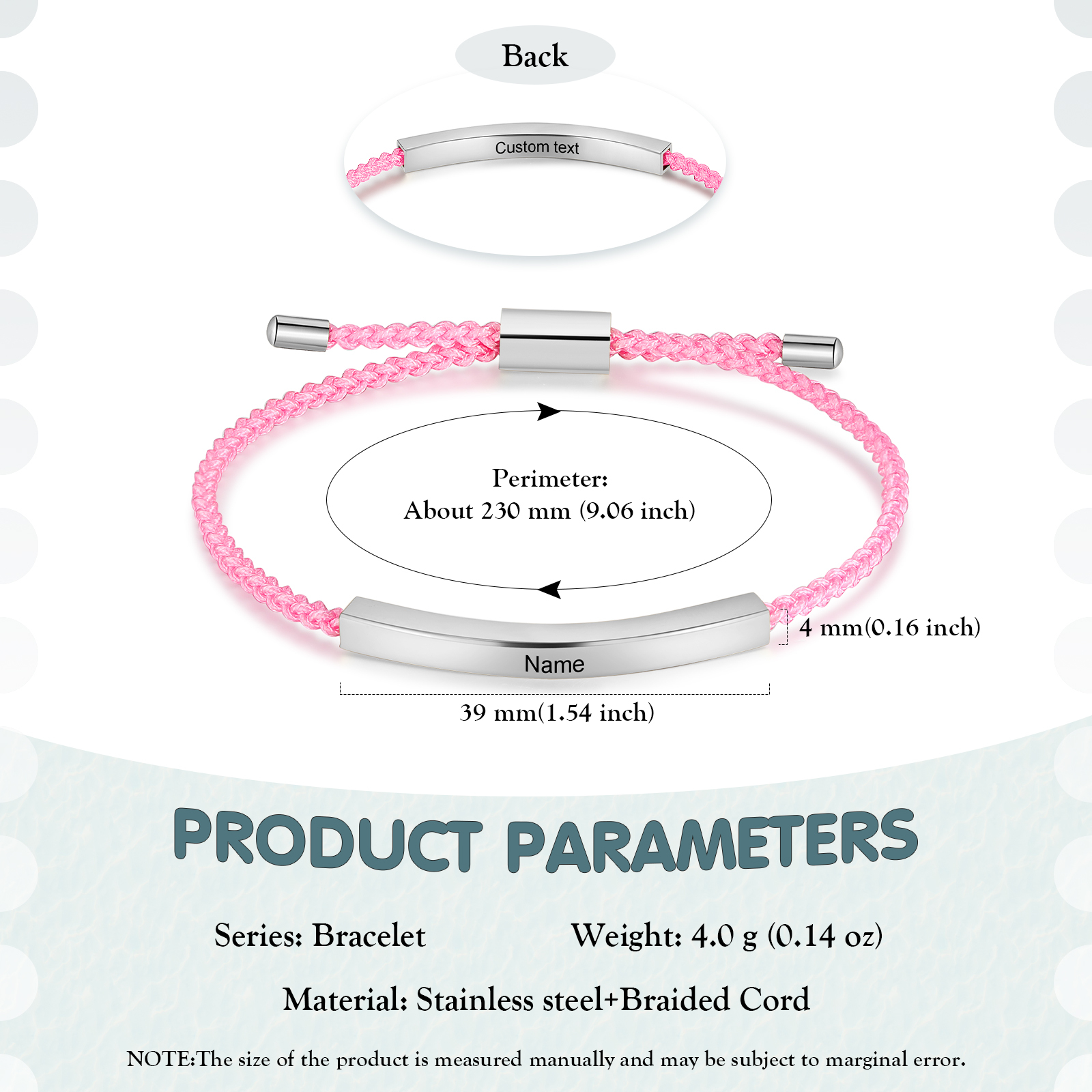 Pulsera de cuerda tejida a mano con nombre y texto personalizados seis colores placa plateada