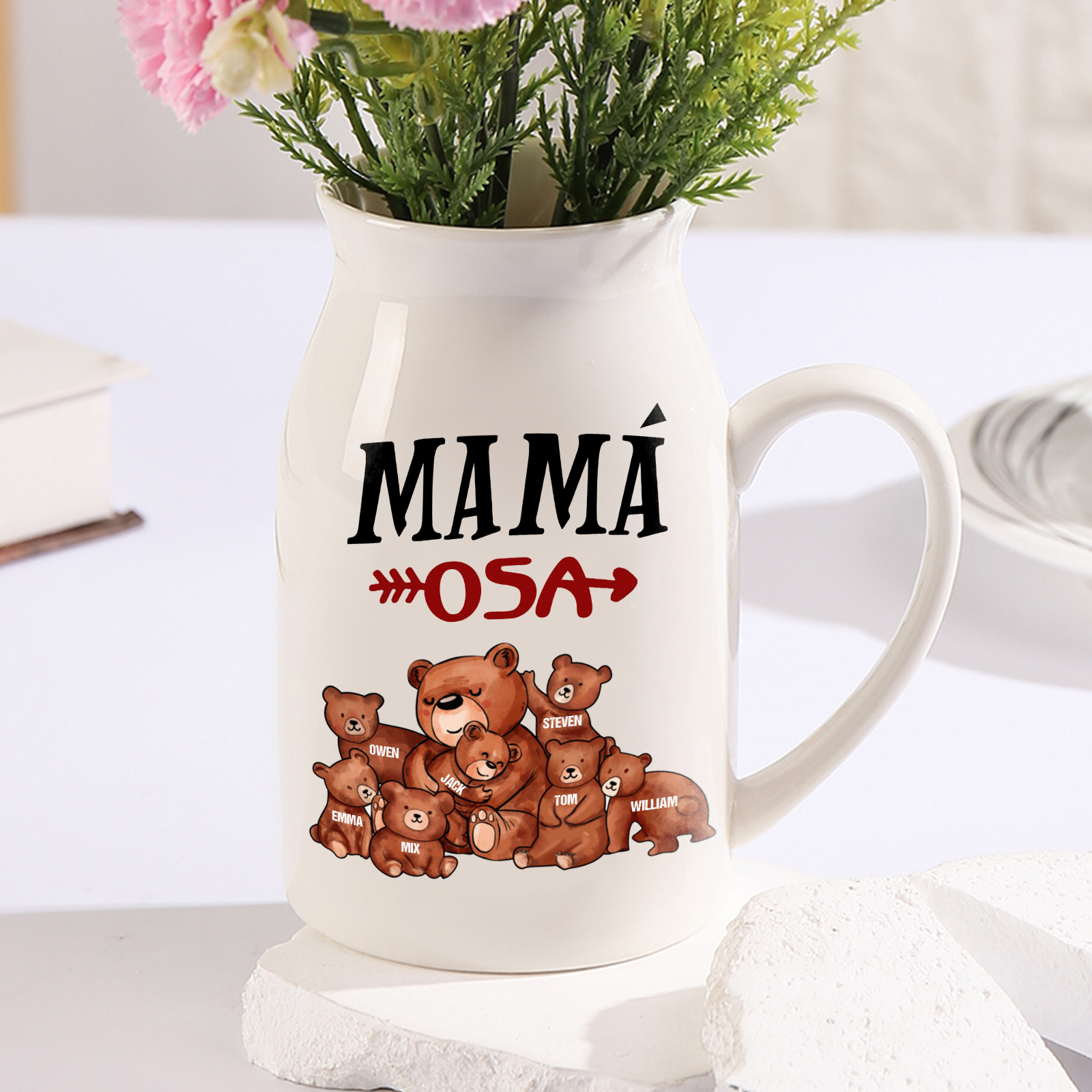 Florero de cerámica mamaosa y sus bebés 2-8 nombres personalizados con texto decoración del hogar-Jessemade ES