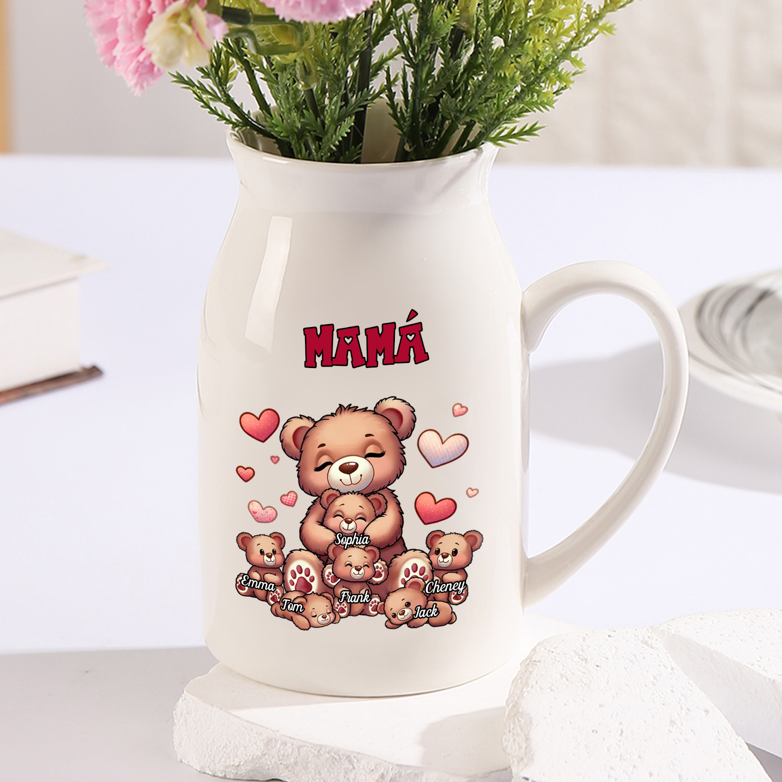 Florero de cerámica mamaosa y sus bebés 2-8 nombres personalizados con texto decoración del hogar-Jessemade ES