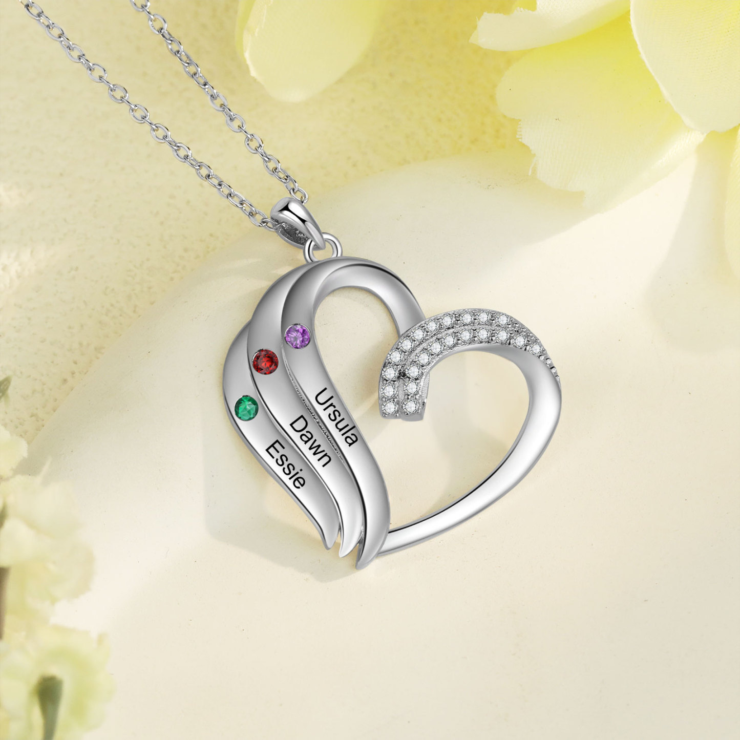 Collar en corazón con 2-5 nombres personalizados y 2-5 piedras de nacimiento-Jessemade ES