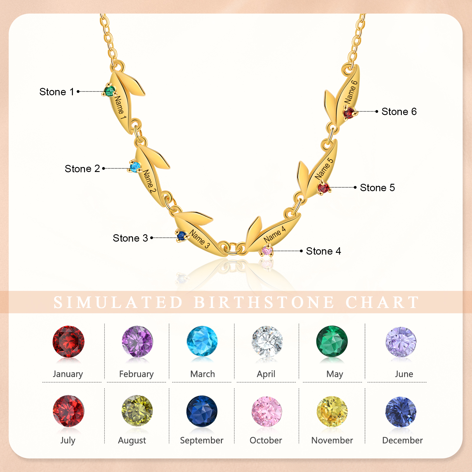 Collar con colgante de hojas con 2-6 nombres personalizados y 2-6 piedras de nacimiento-Jessemade ES