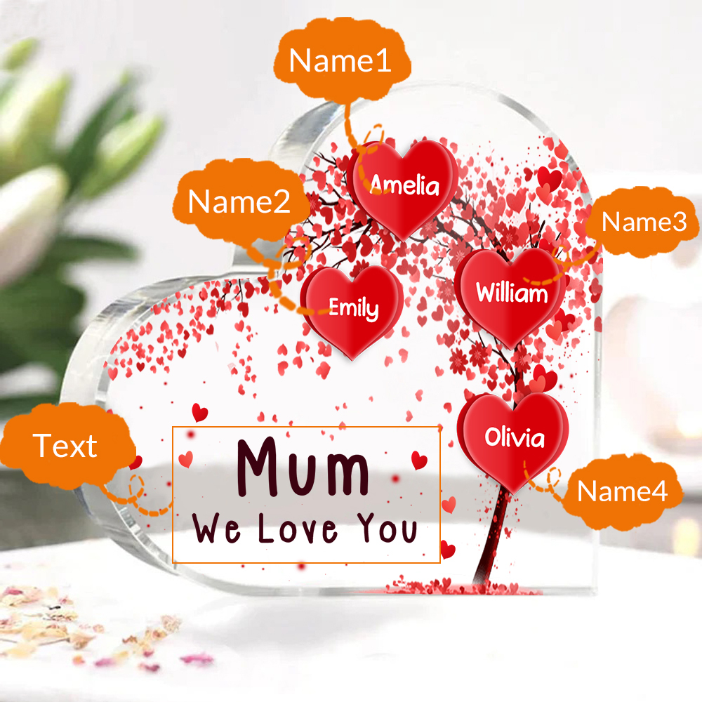 A mi mamá/abuela-Placa de acrílico "Corazones" en forma de corazón 4 nombres y 1 texto personalizados-Jessemade ES