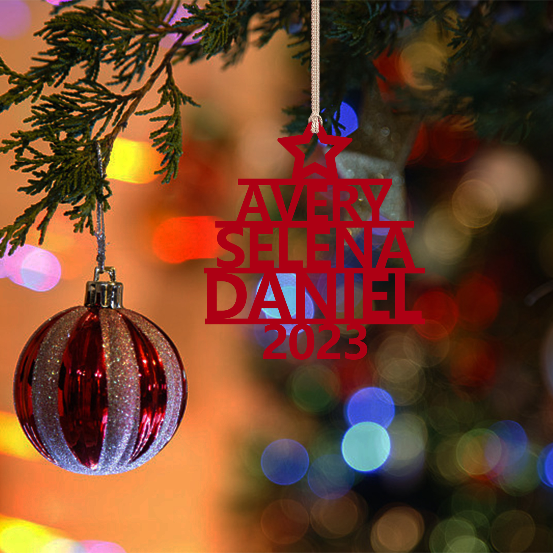 Navidad-Ornamento navideño de madera árbol de nombres con 3 nombres y año personalizados