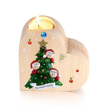 Navidad - Candelero de corazón de madera árbol de familia personalizado con 3 nombres y 1 texto sin vela-Jessemade ES