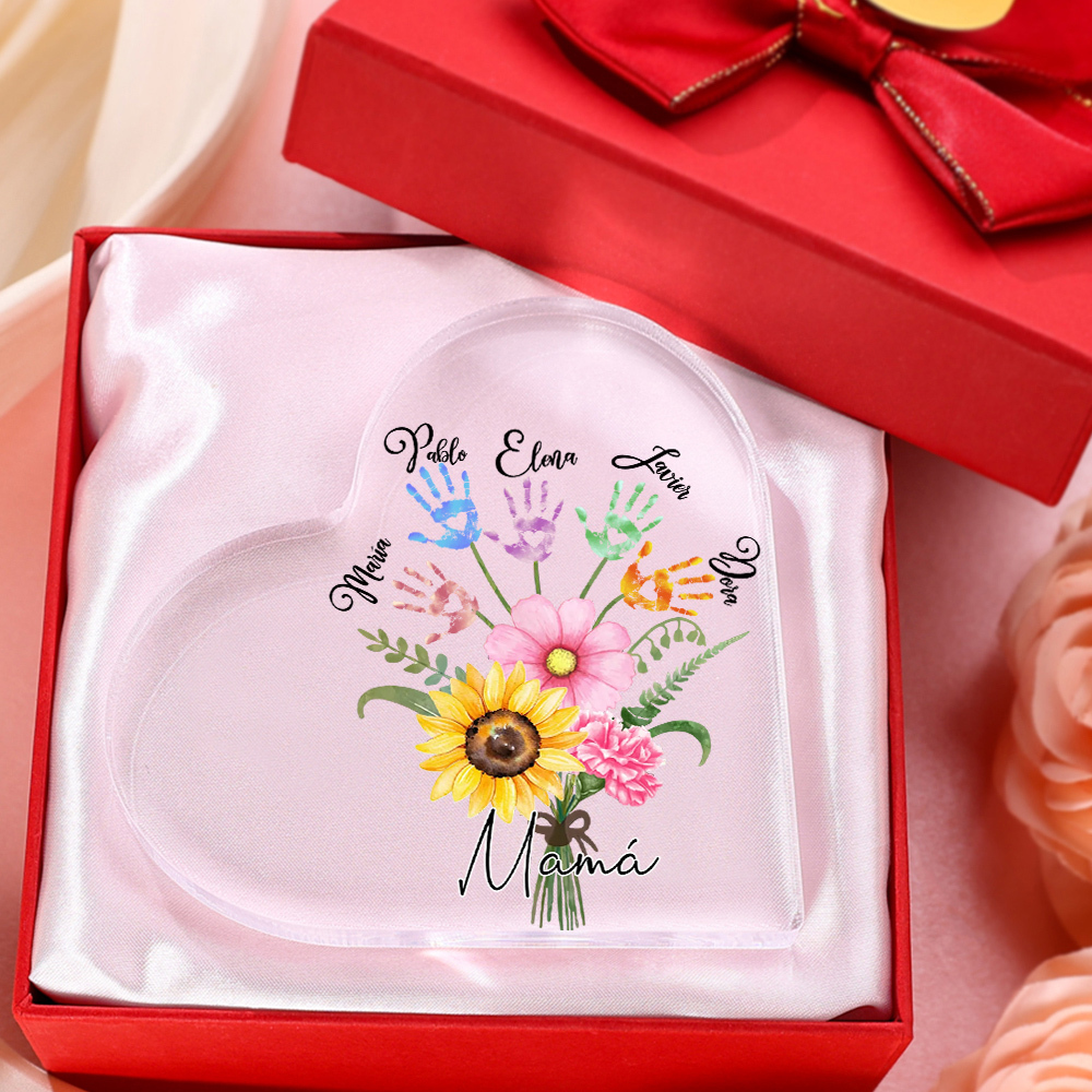 A mi mamá-Placa de acrílico en forma de corazón flor y manitas 1-5 nombres personalizados-Jessemade ES
