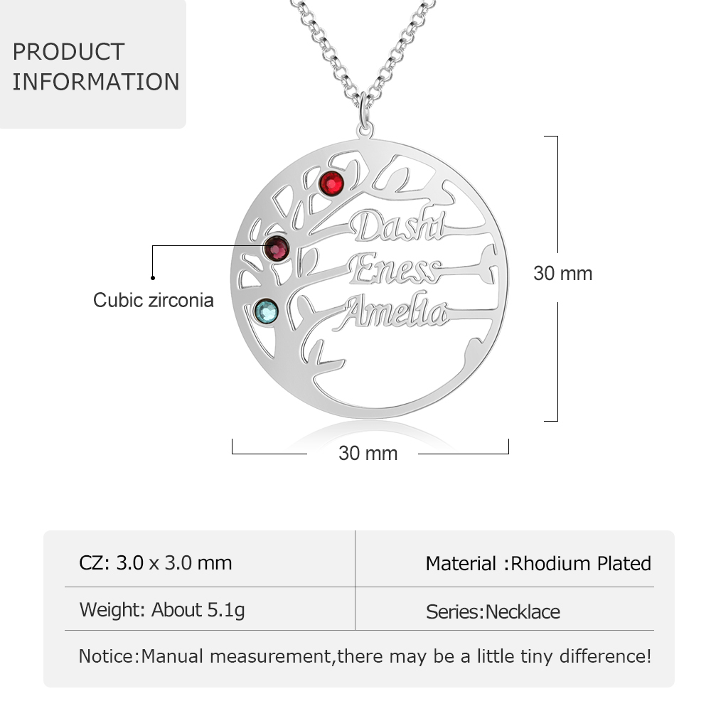 Collar de plata 925 Árbol de la Vida Árbol Genealógico 3 nombres y 3 piedras de nacimiento-Jessemade ES