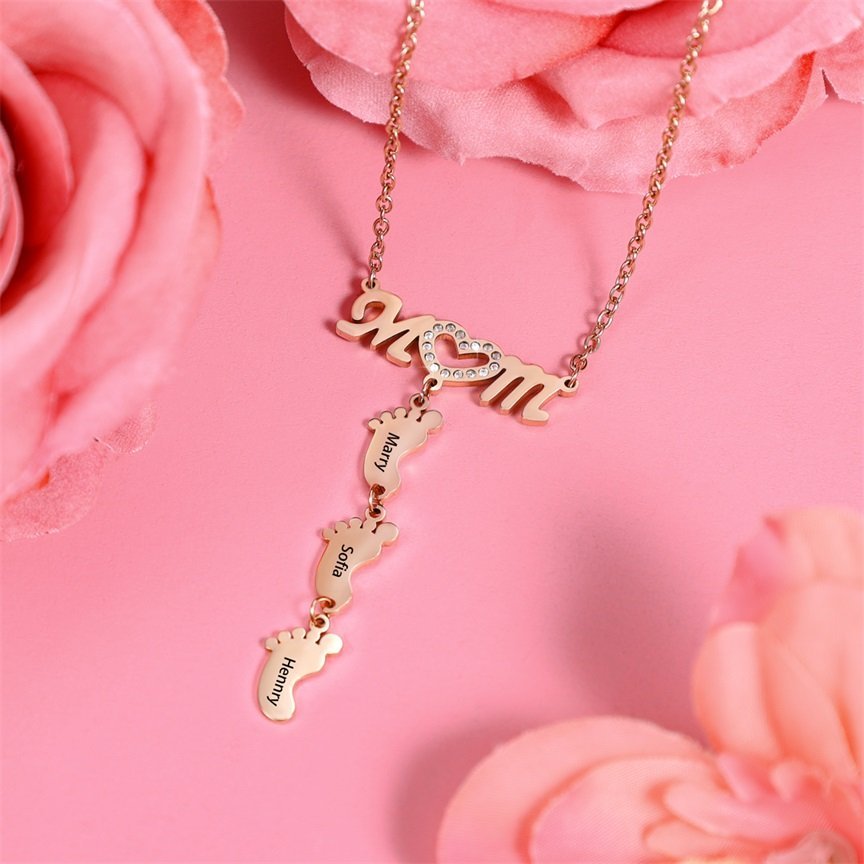 Collar "MoM" con colgante de huellas personalizadas con 5 nombres-Jessemade ES