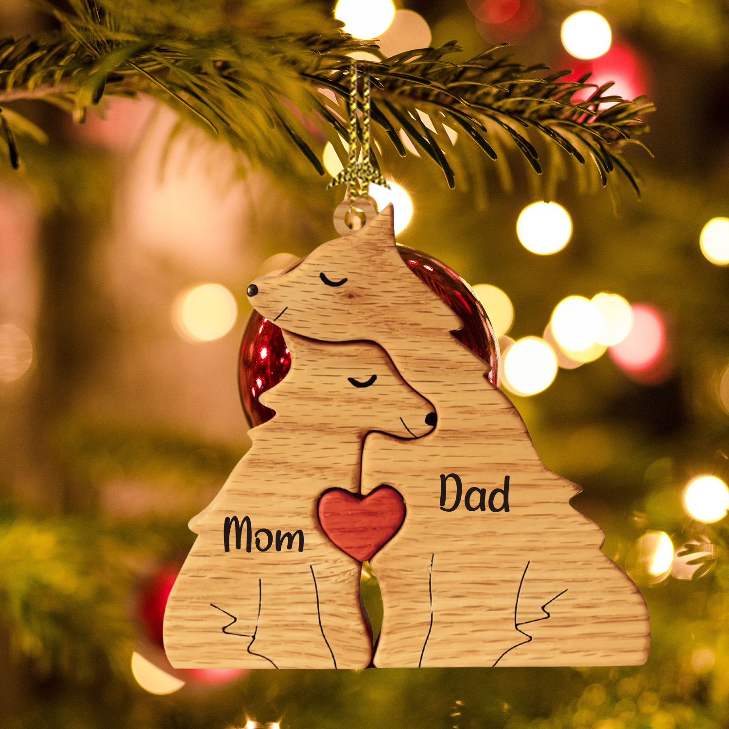 Navidad-Ornamento muñecos navideño de madera familia de zorros 2 nombres personalizados adorno del árbol-Jessemade ES