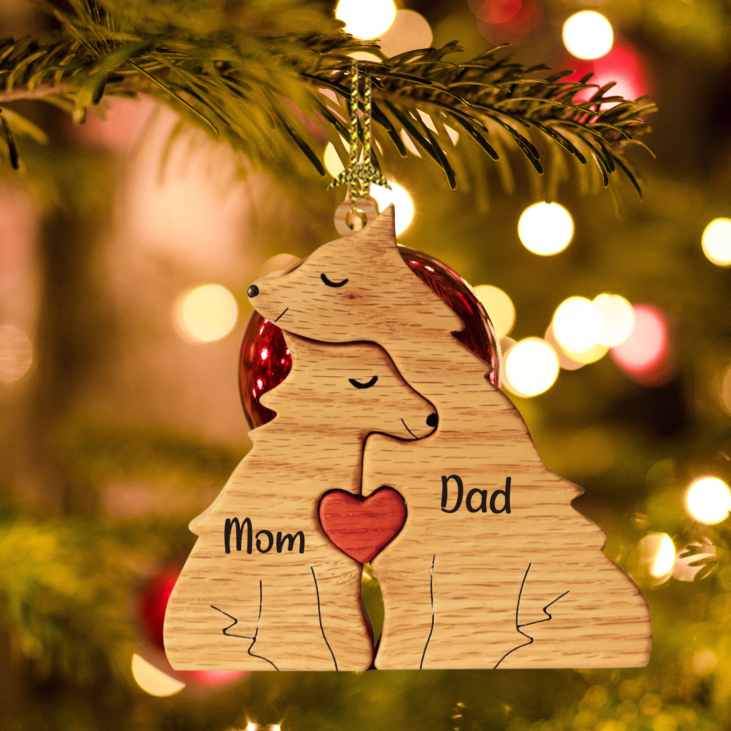 Navidad-Ornamento muñecos navideño de madera familia de zorros 2 nombres personalizados adorno del árbol-Jessemade ES