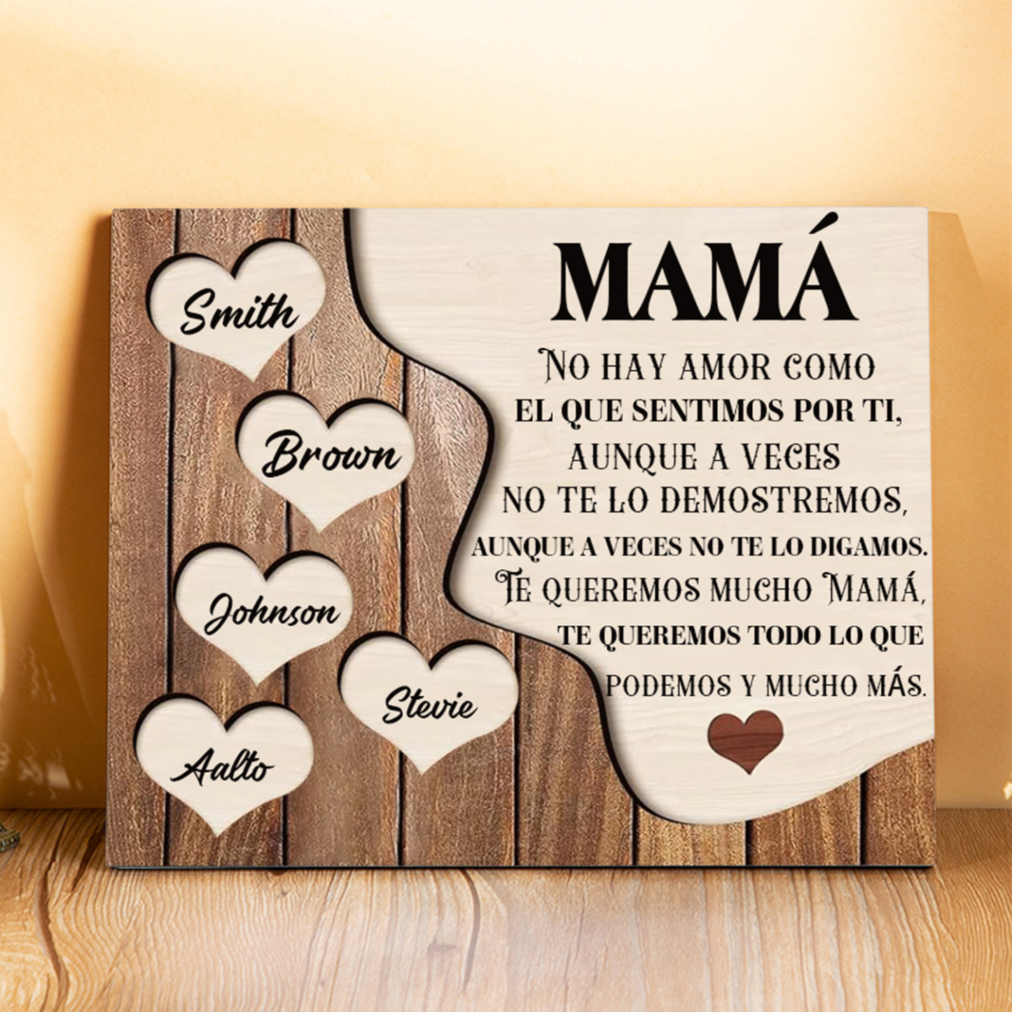 A mi mamá - Lámina 2-8 nombres personalizados marco de madera cara y corazones-Jessemade ES