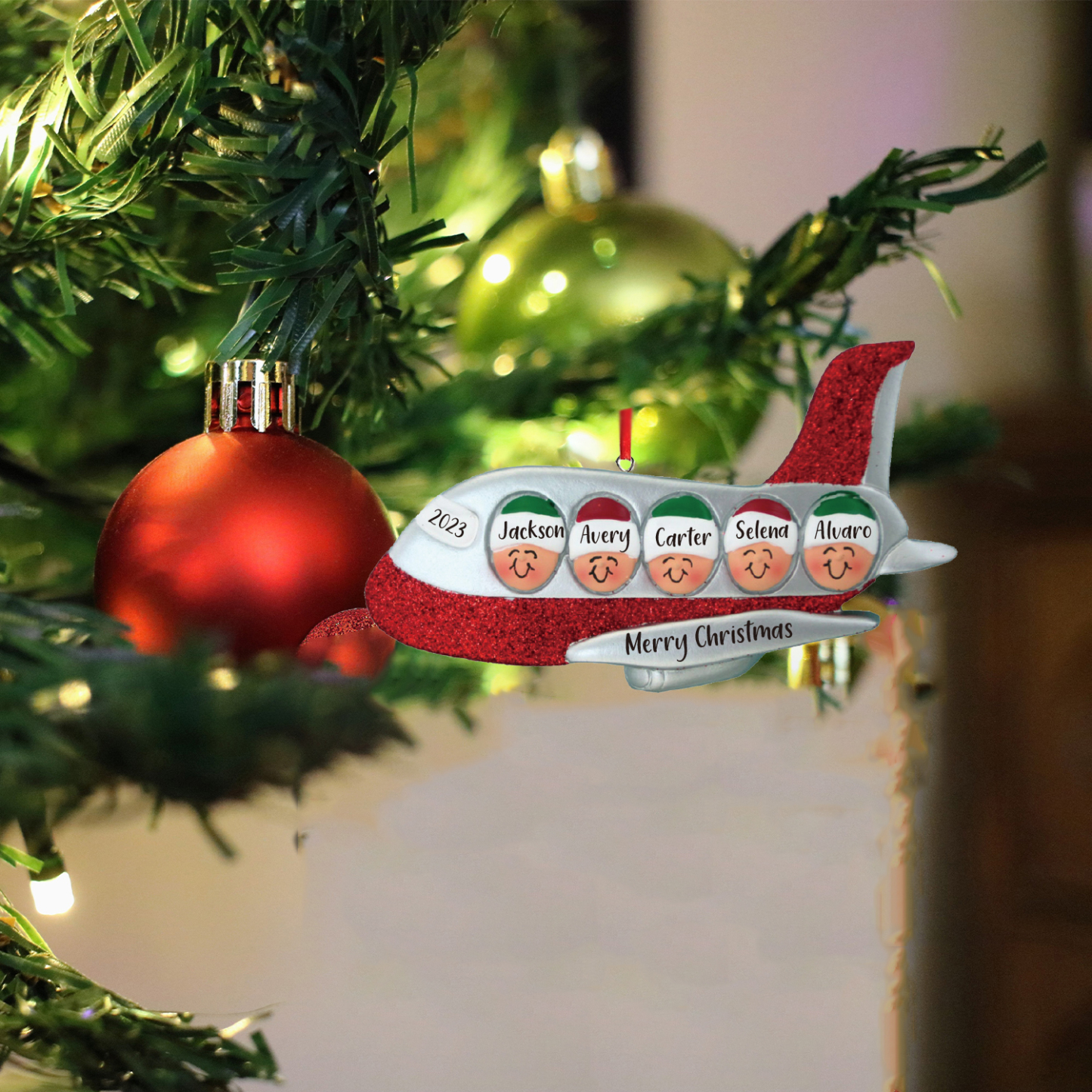 Navidad-Ornamento muñecos navideño de madera viaje en avión 5 nombres, 1 texto y 1 año personalizados adorno del árbol-Jessemade ES