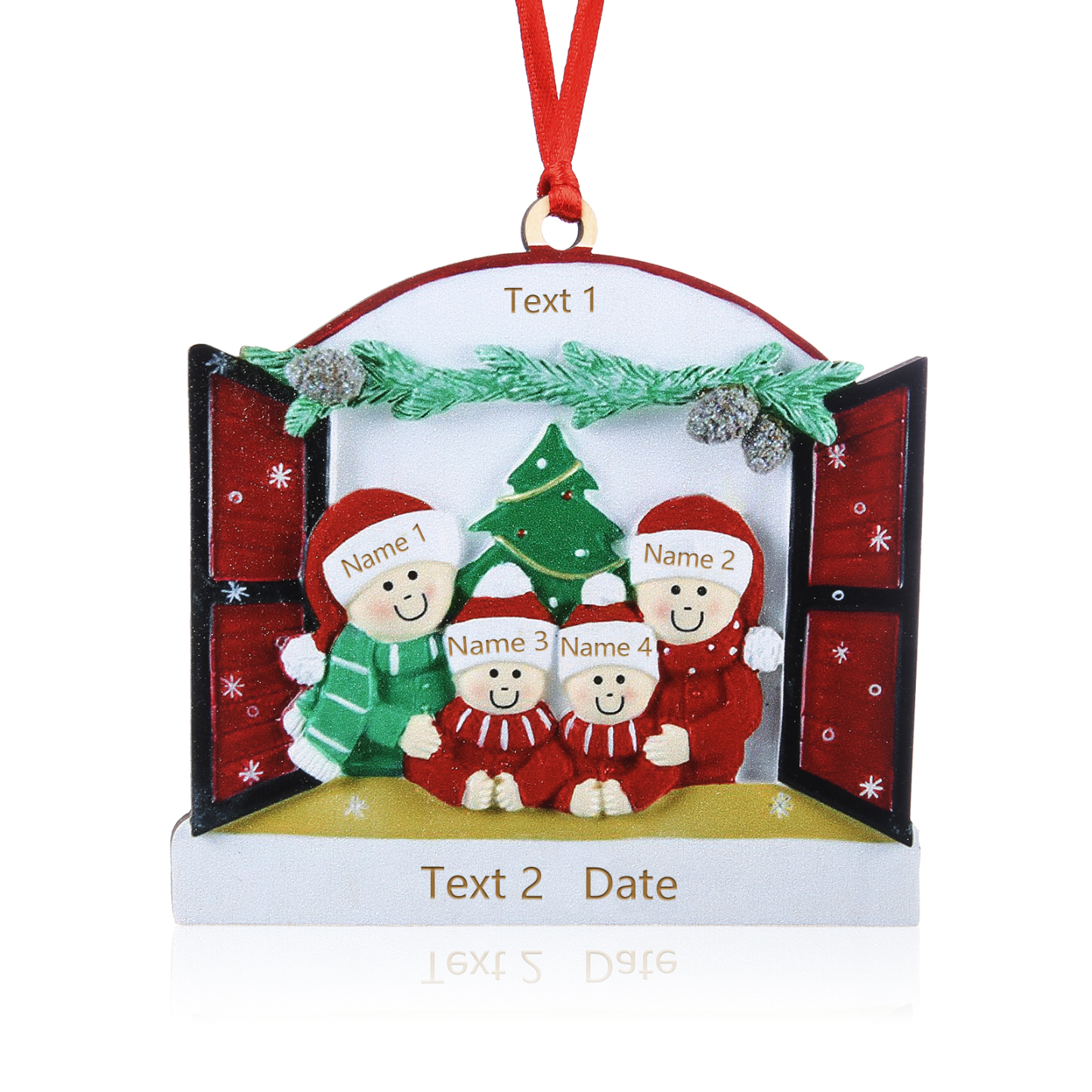 Navidad-Ornamento muñecos navideño de madera familia de 4 y 2 textos y año personalizados adorno del árbol-Jessemade ES