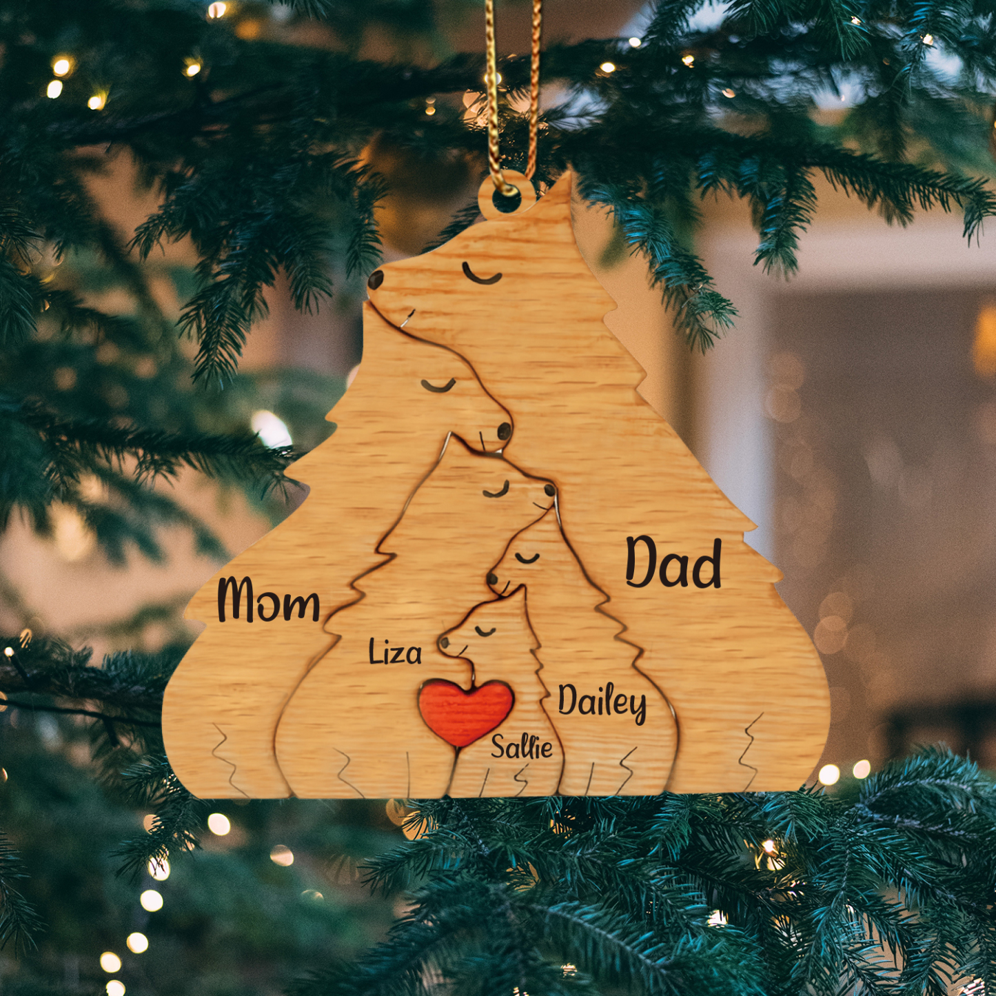 Navidad-Ornamento muñecos navideño de madera familia de zorros 5 nombres personalizados adorno del árbol-Jessemade ES