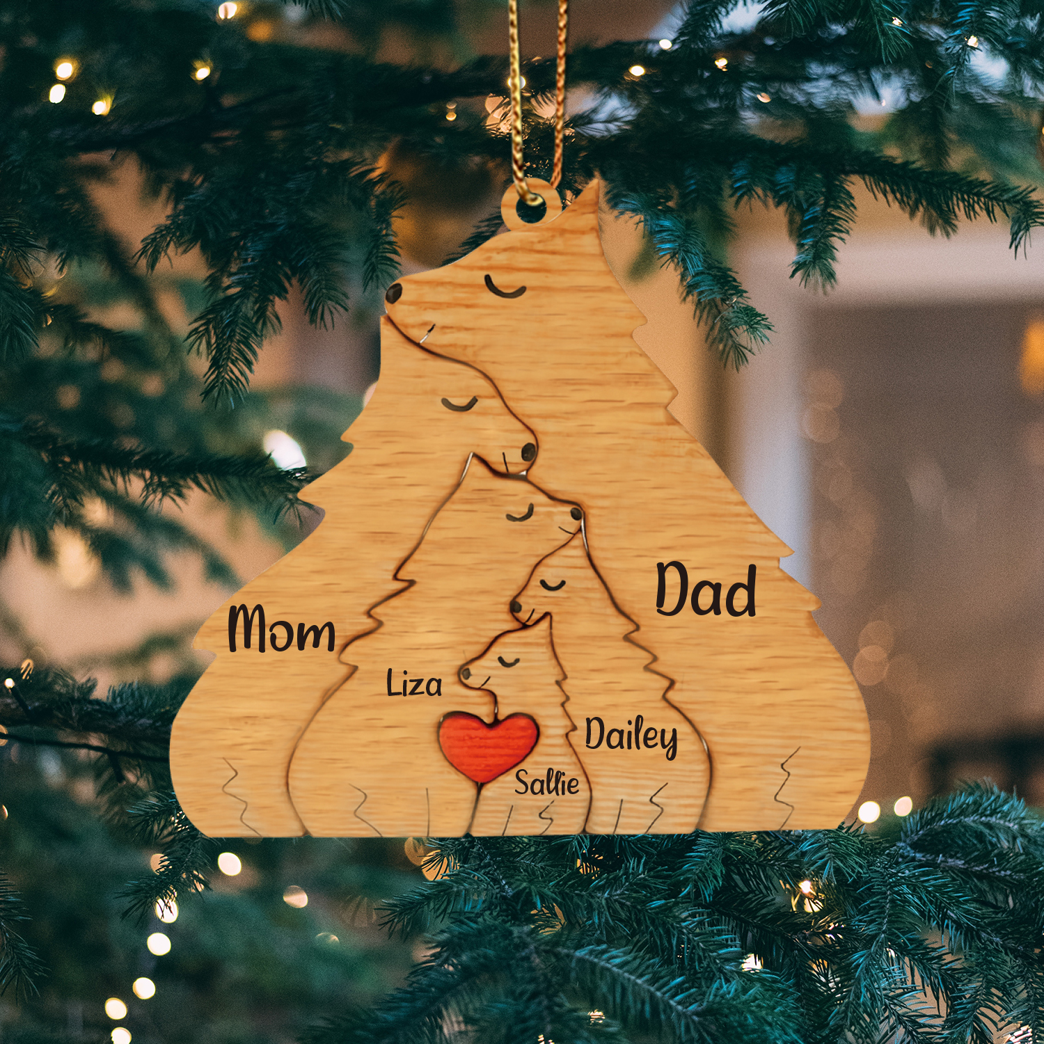 Navidad-Ornamento muñecos navideño de madera familia de zorros 5 nombres personalizados adorno del árbol-Jessemade ES