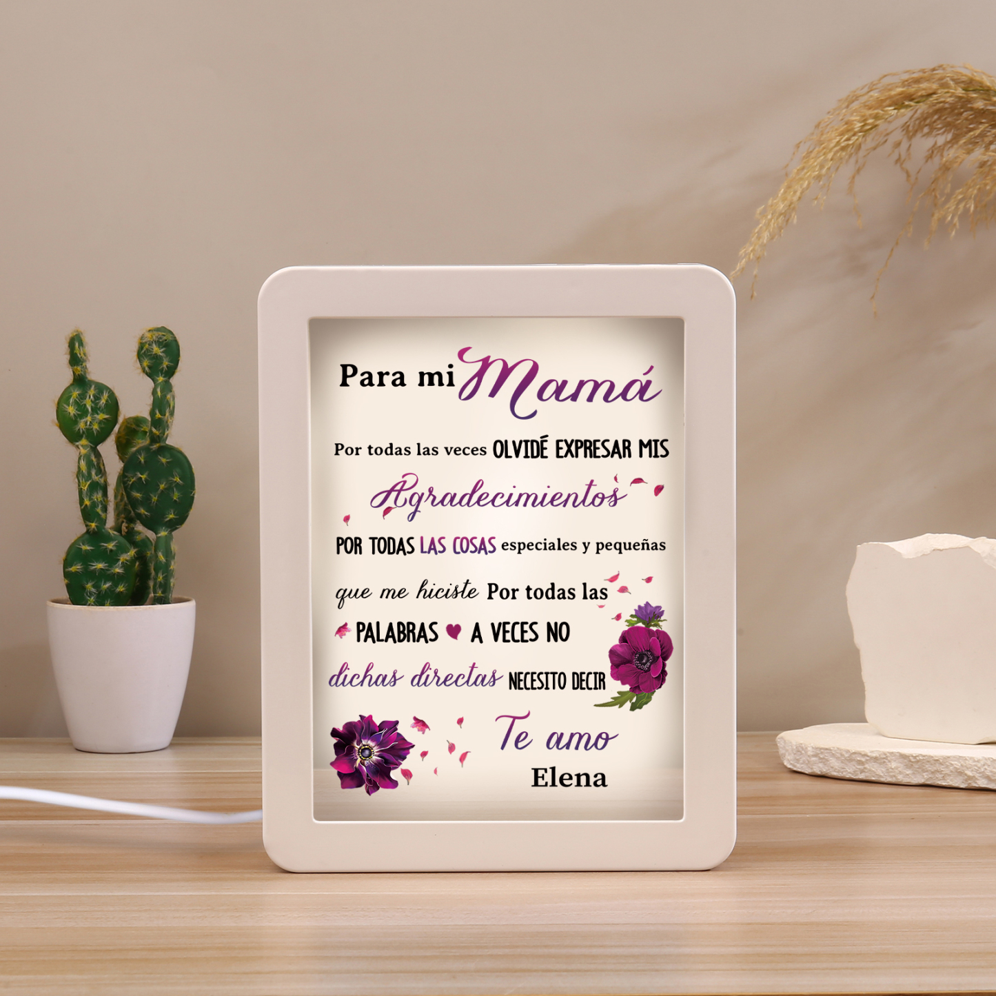 A mi mamá-Marco/Espejo con LED Multifuncional con Texto Amoroso 1 Nombre Personalizado-Jessemade ES