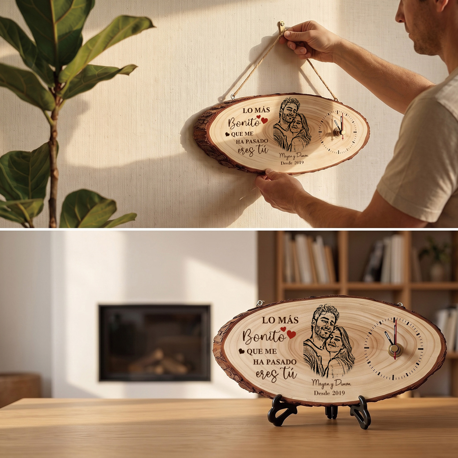 Reloj de Madera Personalizado para Pareja con Foto, 2 Nombres y Fecha – Regalo de Aniversario o San Valentín
