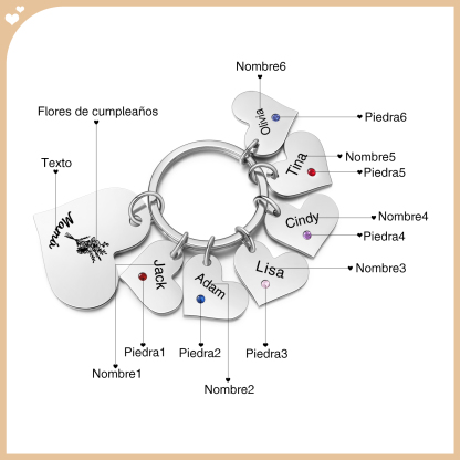 A mi mamá/abuela - Llavero con 6 nombres y piedras de nacimiento personalizados en corazones con texto y flor-Jessemade ES