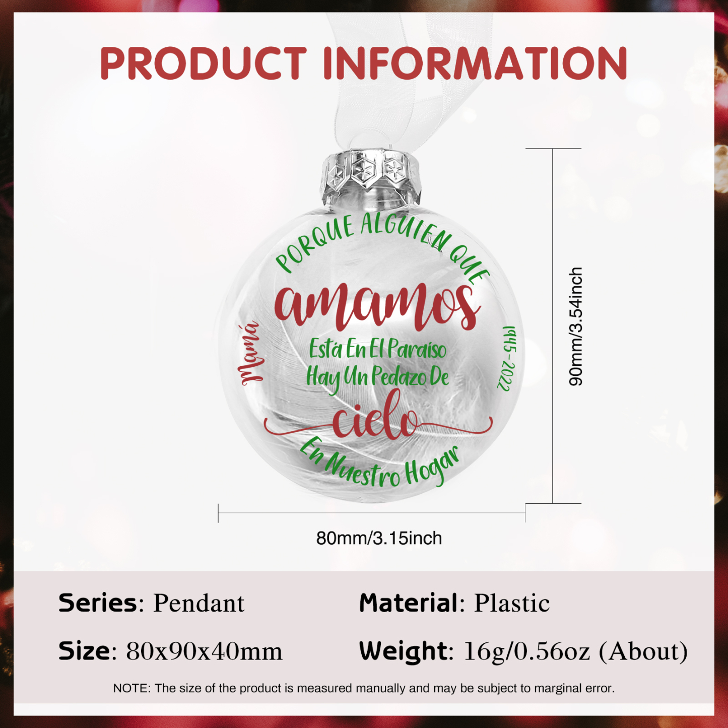 Bola navideña conmemorativa Adorno de Navidad nombre y años personalizados con pluma -Jessemade ES