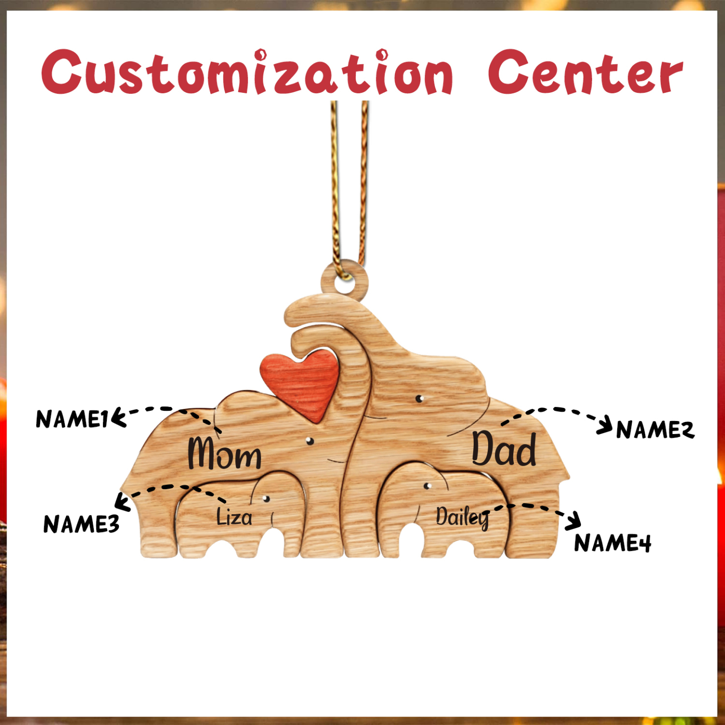 Navidad-Ornamento muñecos navideño de madera familia de elefantes 4 nombres personalizados adorno del árbol-Jessemade ES