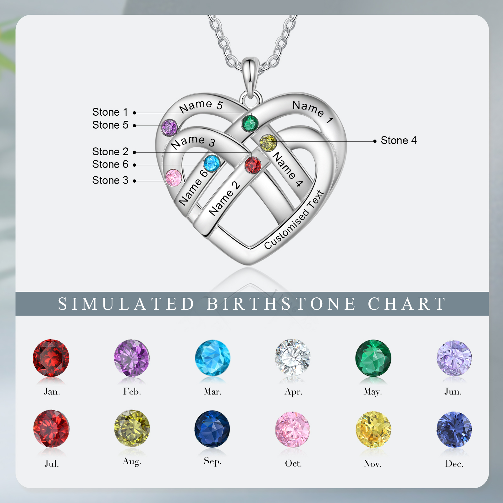 Collar de corazón con 6 nombres y piedras de nacimiento personalizados con texto-Jessemade ES