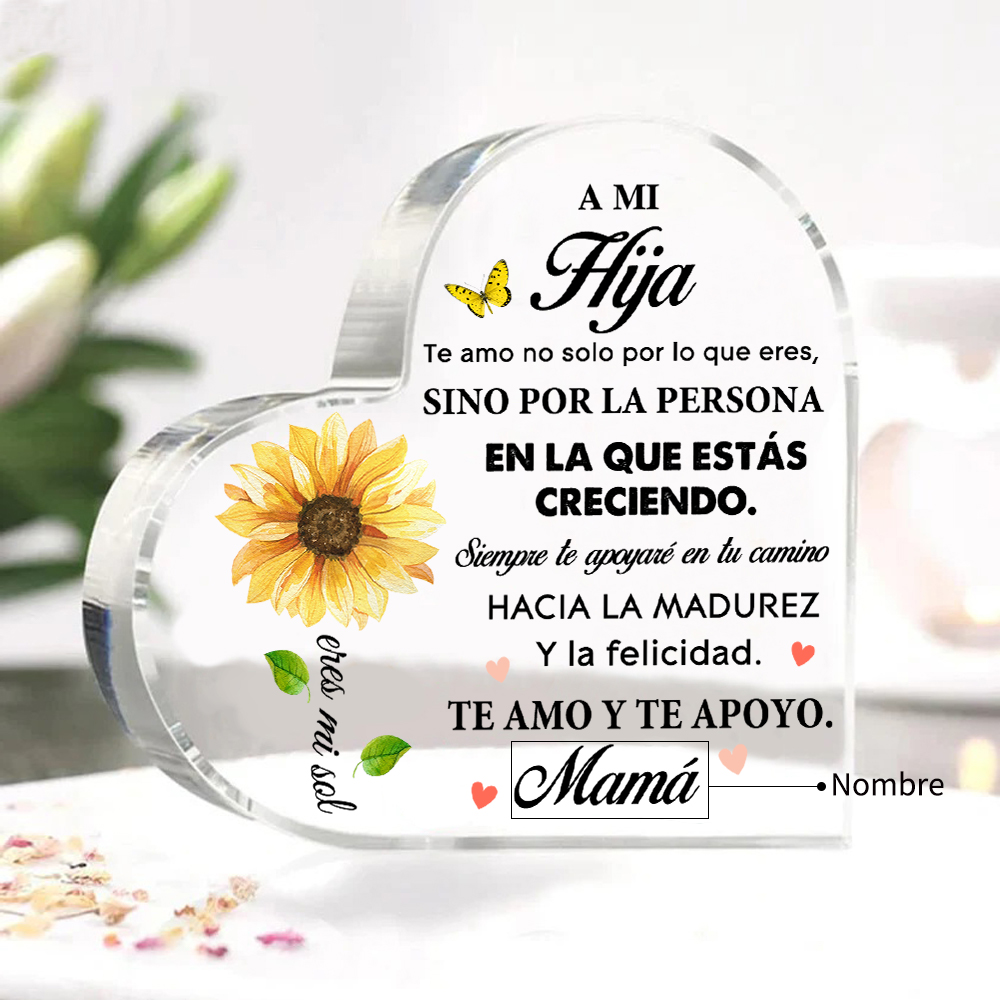 A mi hija-Placa de acrílico en forma de corazón de girasol con 1 nombre personalizado-Jessemade ES