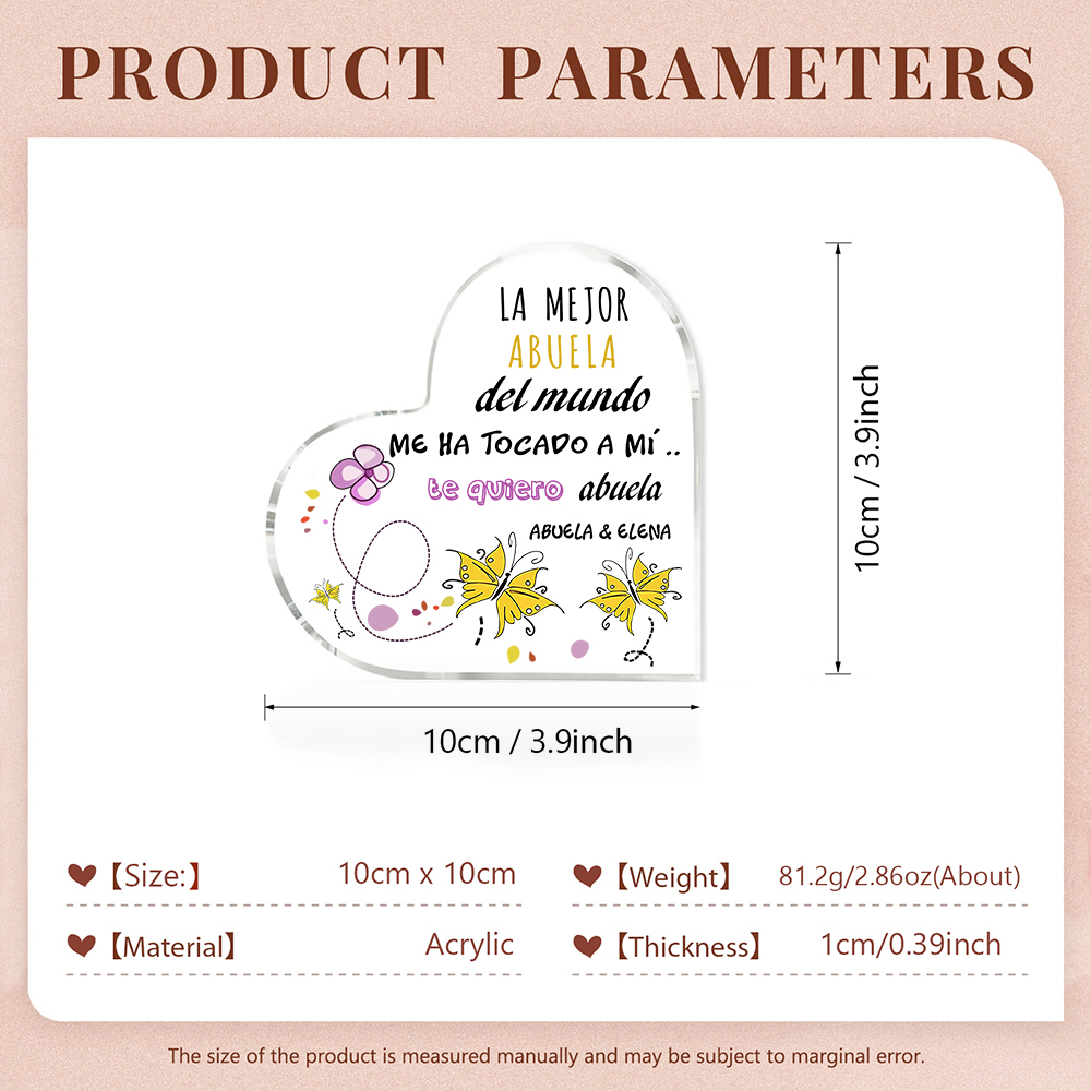 Abuela - Placa de acrílico en forma de corazón mariposas 2 nombres personalizados-Jessemade ES