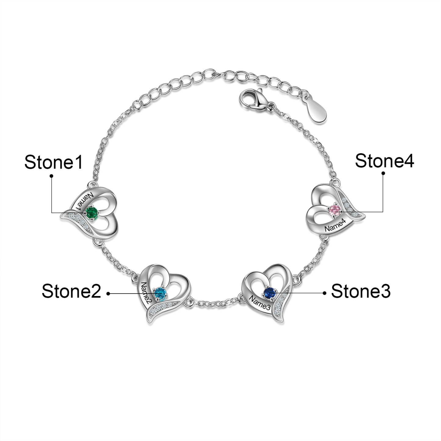 Pulsera de Corazones 4 Nombres Personalizados con 4 Piedras de Nacimiento-Jessemade ES