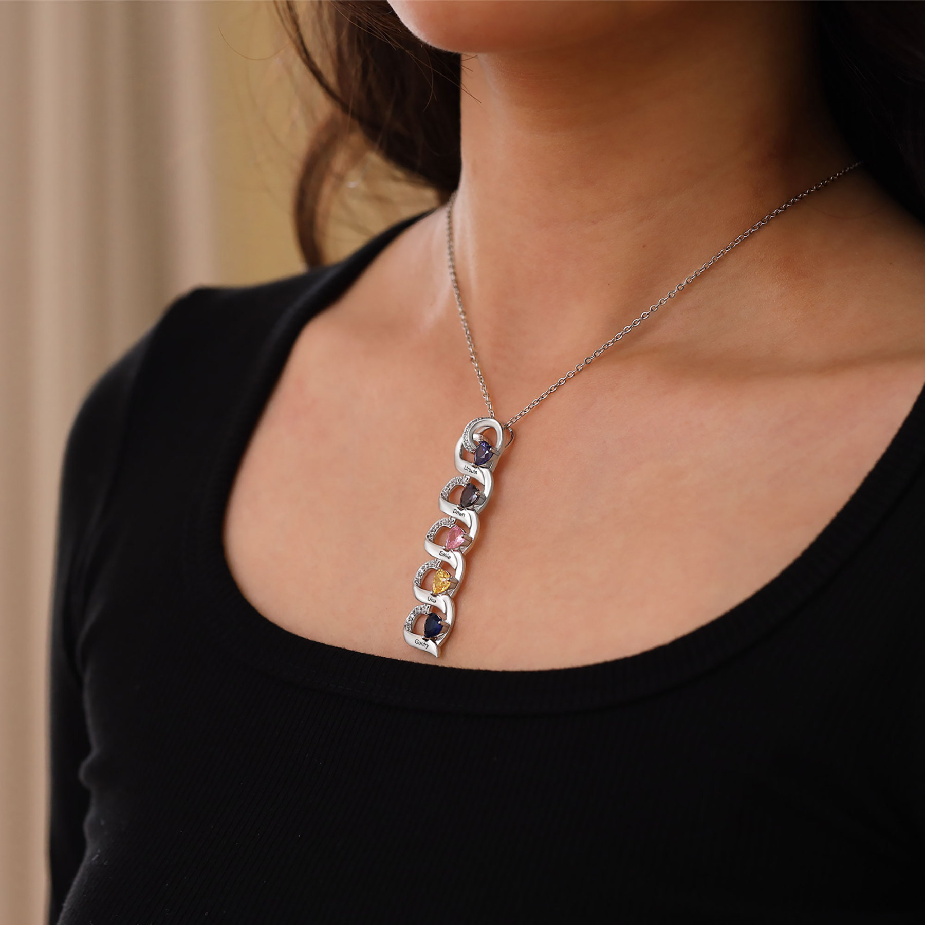 Collar de corazones con 2-5 nombres personalizados y 2-5 piedras de nacimiento-Jessemade ES