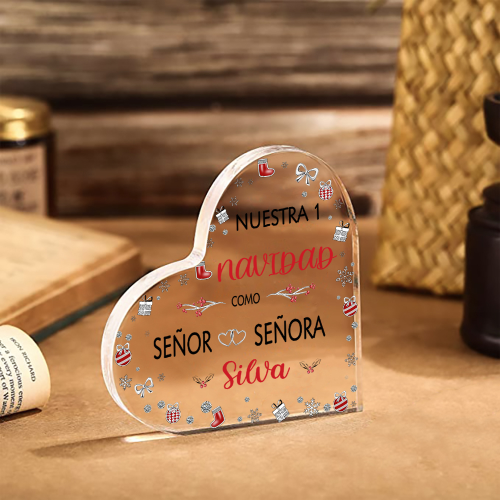 Navidad-Placa de acrílico en forma de corazón aniversario de navidad con número y apellido personalizados-Jessemade ES