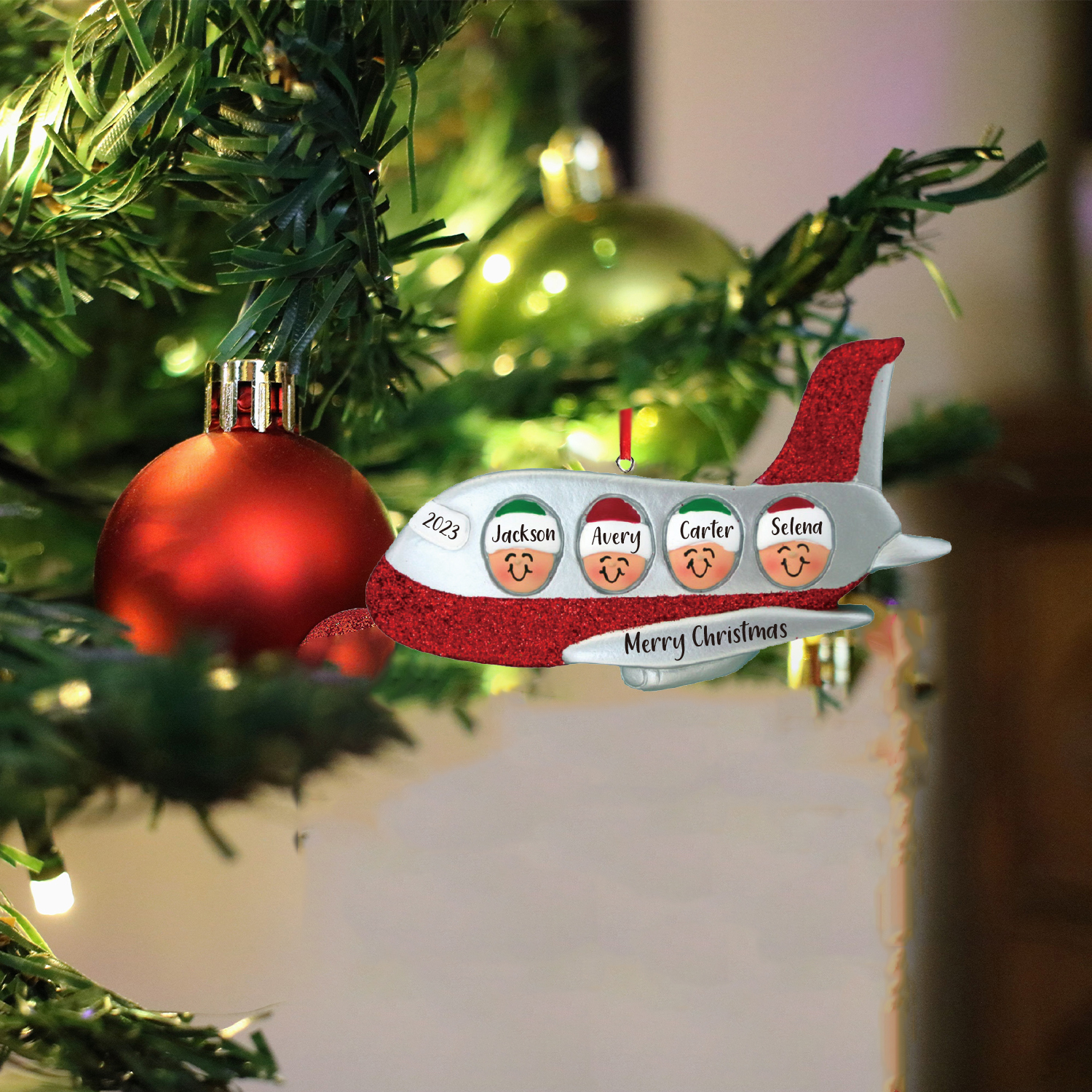 Navidad-Ornamento muñecos navideño de madera viaje en avión 4 nombres, 1 texto y 1 año personalizados adorno del árbol-Jessemade ES