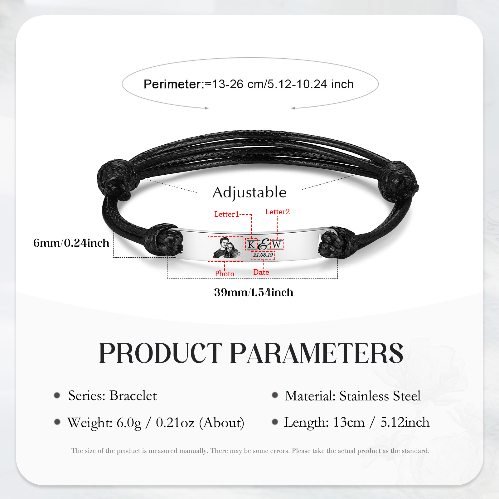 Pulseras de cuerda con placa personalizada con 2 letras, fecha y foto-Jessemade ES
