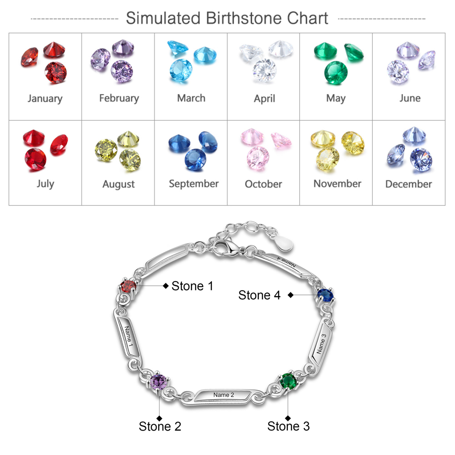 Pulsera de lazos y placitas personalizada de 4 nombres con 4 piedras de nacimiento-Jessemade ES