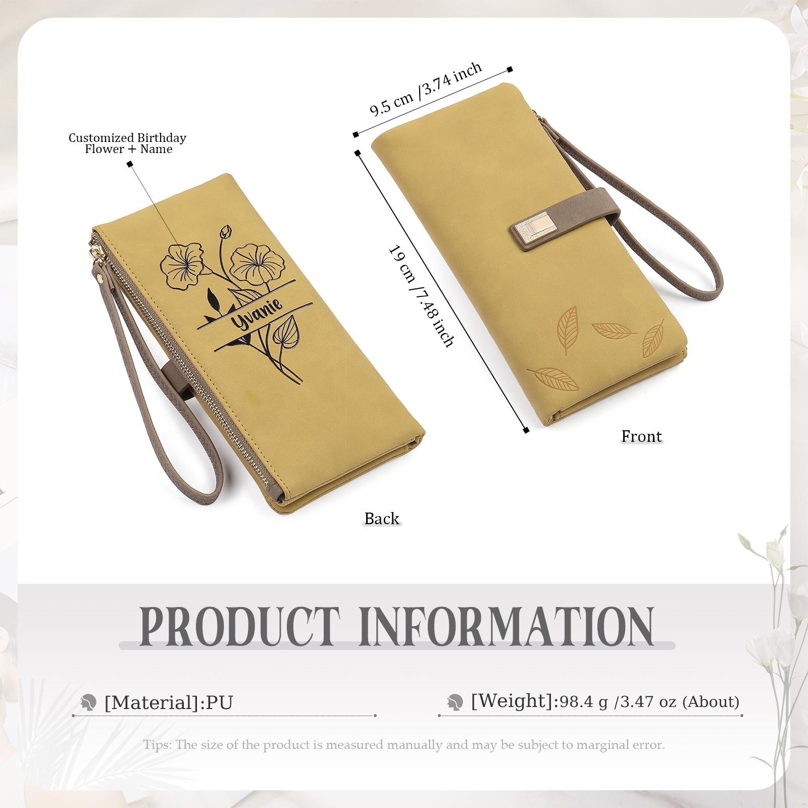 Cartera, billetera con 1 nombre y 1 flor de nacimiento personalizados monedero clásico para mujer-Jessemade ES