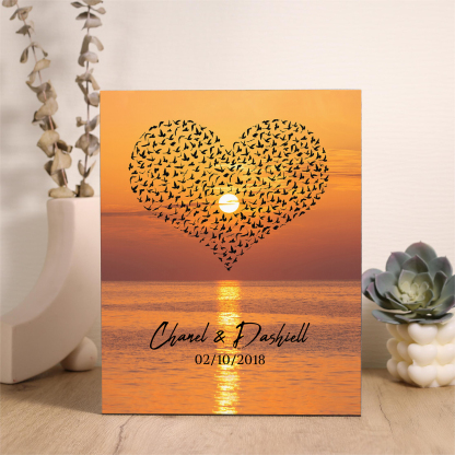 Lámina "corazón de pájaros" marco de madera para pareja 2 nombres personalizados con fecha-Jessemade ES