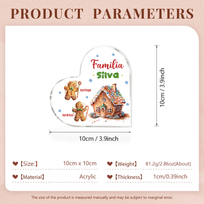 Navidad - Placa de acrílico en forma de corazón jengibres y su casa con 2 nombres y 1 texto personalizados-Jessemade ES
