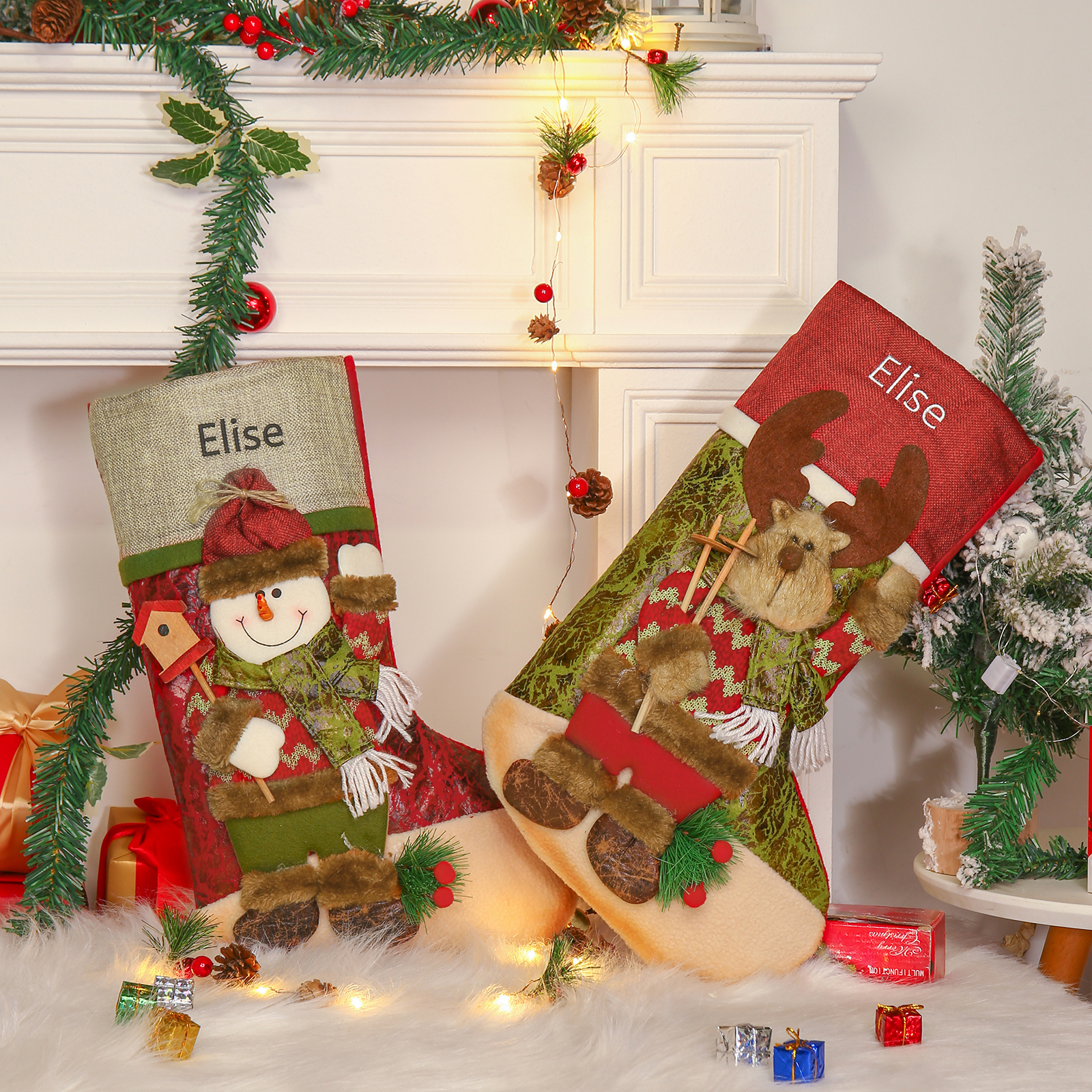 Adornos de medias navideñas con muñeco Bolsa de regalo 1 Nombre personalizado-Jessemade ES