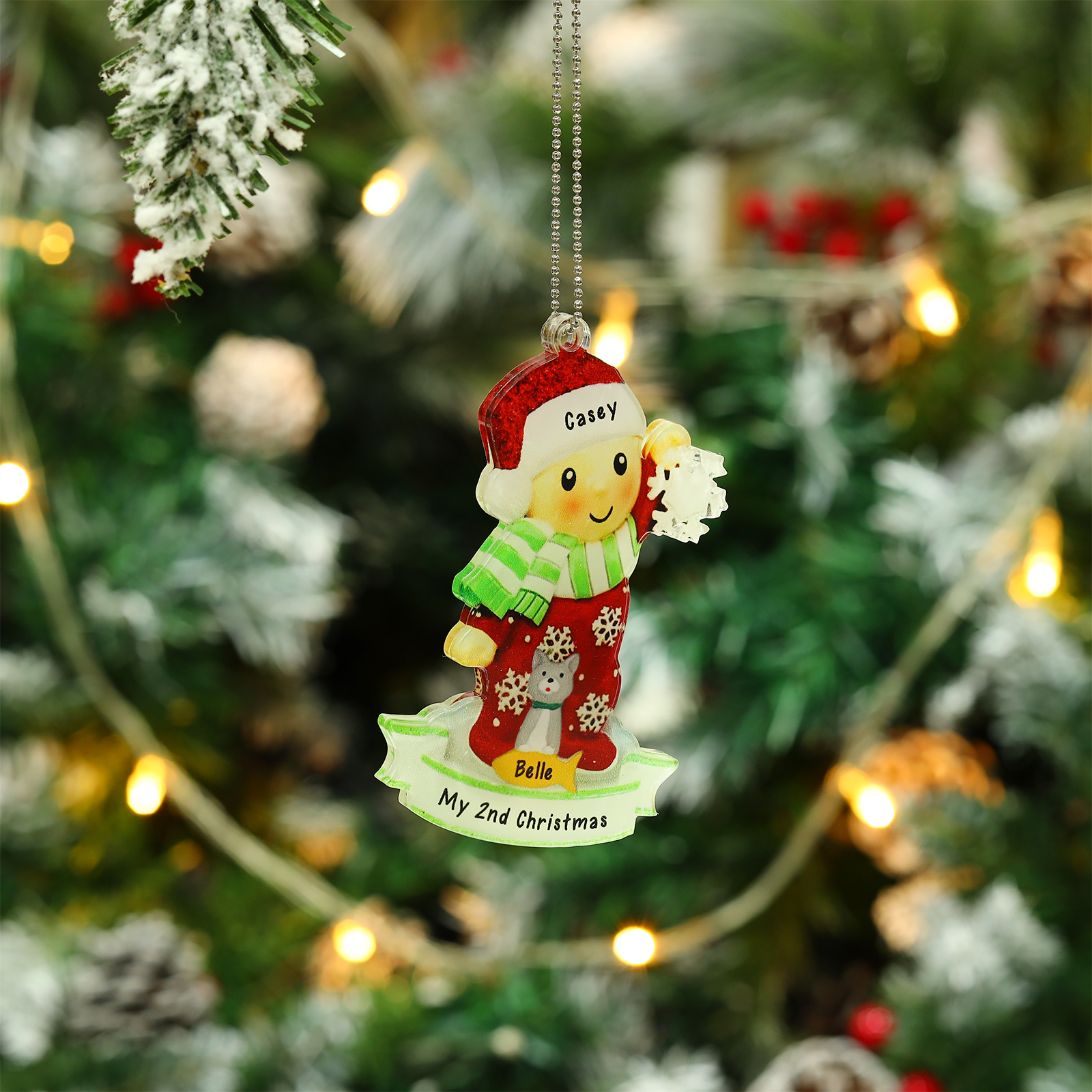 Navidad-Bebé con Perro Ornamento Navideño 2 nombres y texto personalizados